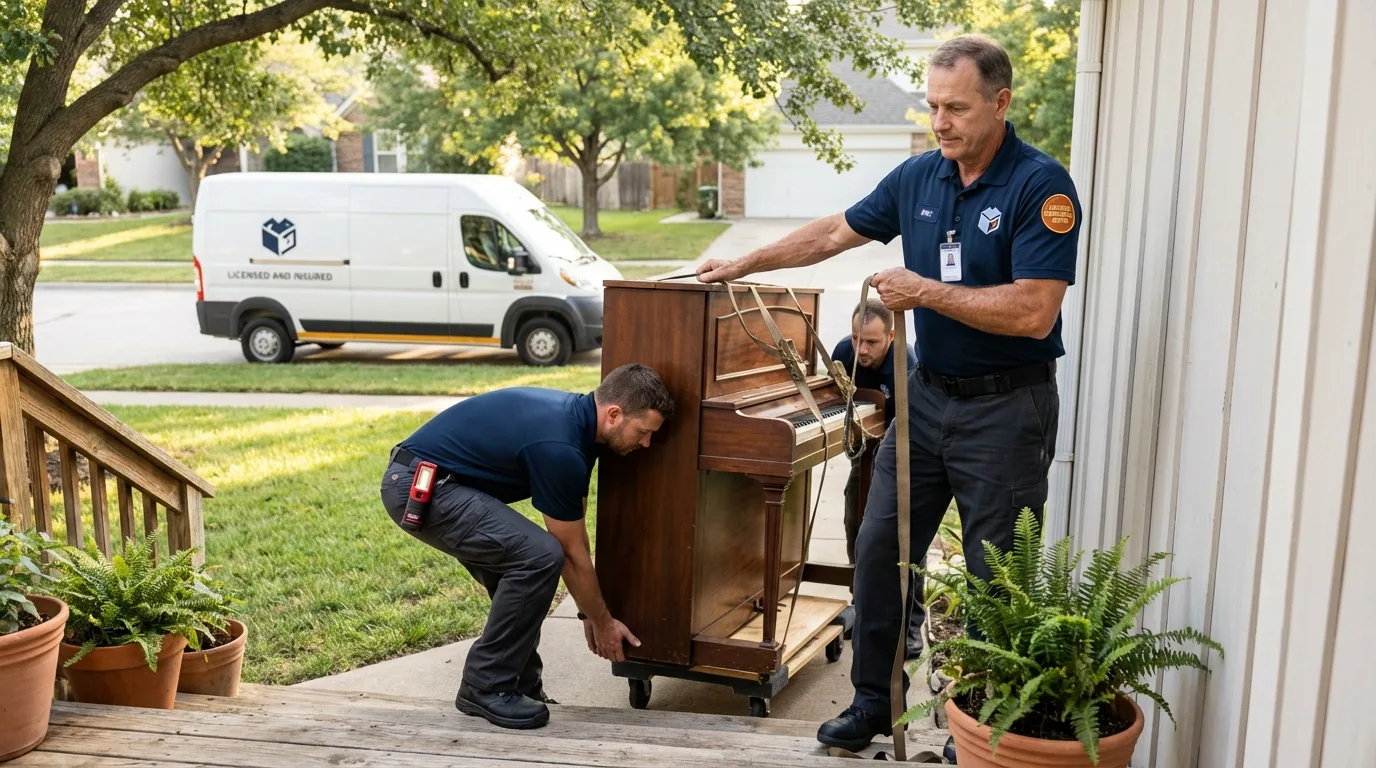 Licensed piano movers securing grand piano in Sherborn, MA
