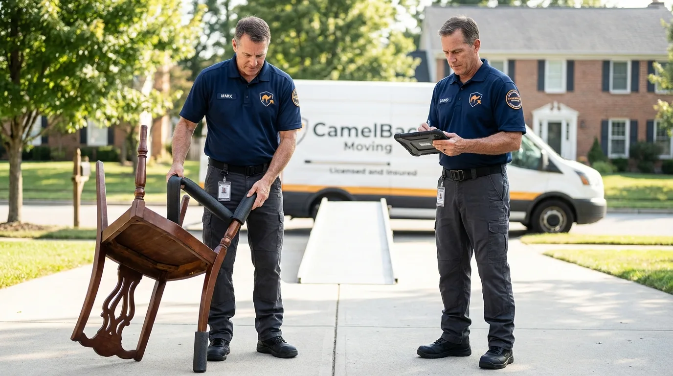 Movers inspecting furniture for damage prevention before loading in Sherborn, MA
