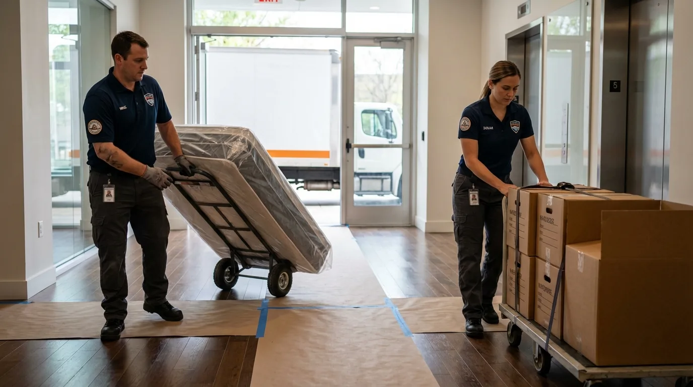 Professional apartment movers loading elevator in Sherborn, MA