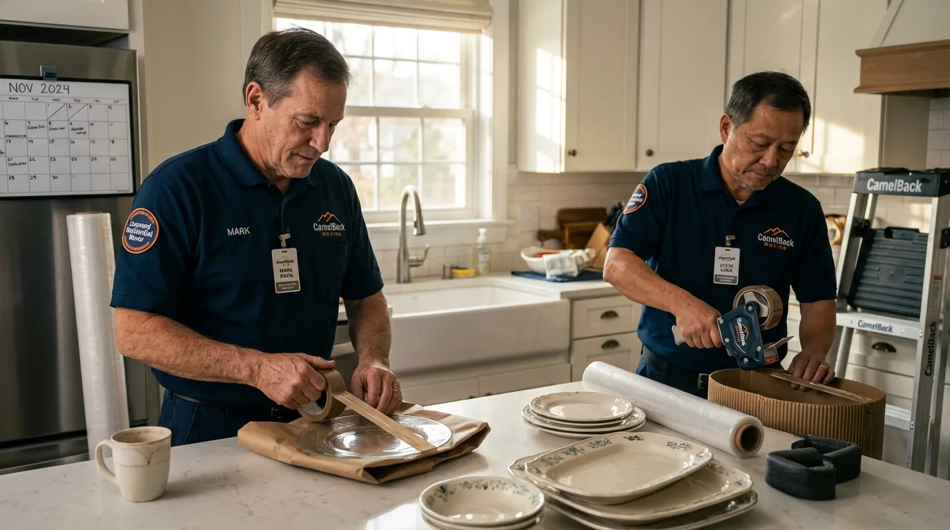 Professional crew packing kitchen dishware in Sherborn, MA